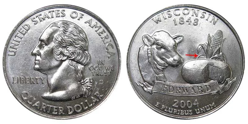 2004-D Wisconsin quarter reverse showing standard corn leaf versus Extra Leaf Low variety