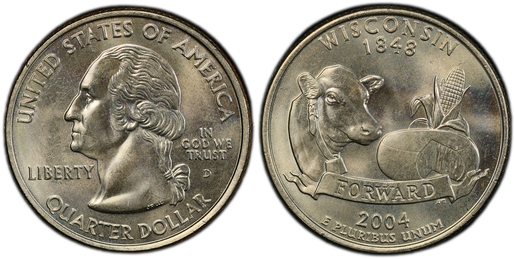 2004-D Wisconsin quarter Extra Leaf Low variety — raised extra leaf drooping downward at corn base