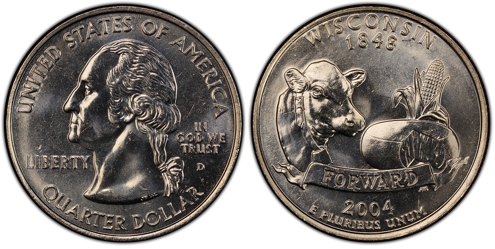 2004-D Wisconsin quarter Extra Leaf High variety — raised extra leaf pointing upward on corn base