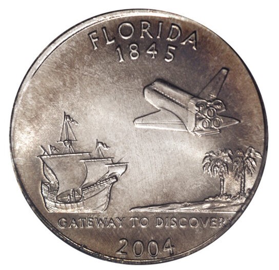 2004-P Florida quarter struck on a 5-cent nickel planchet — wrong planchet error showing size and metal differences