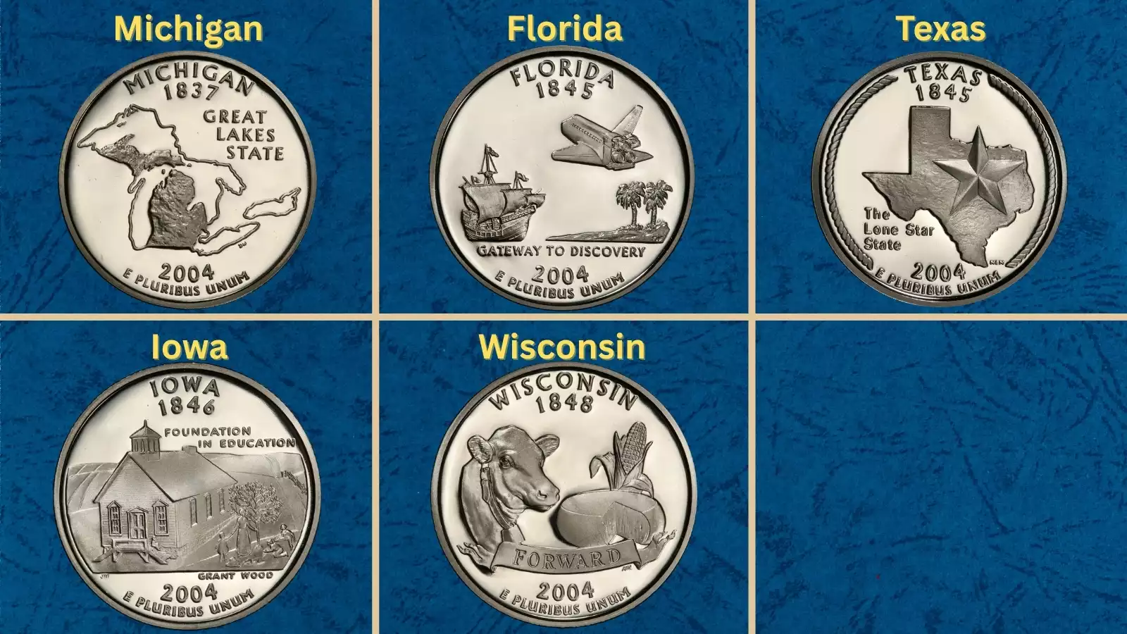 Group of all five 2004 State Quarter designs showing Michigan, Florida, Texas, Iowa, and Wisconsin reverses