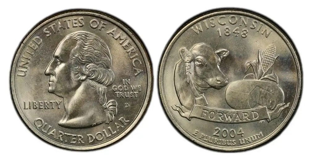 2004 State Quarter grading strip showing four condition tiers from worn to gem uncirculated